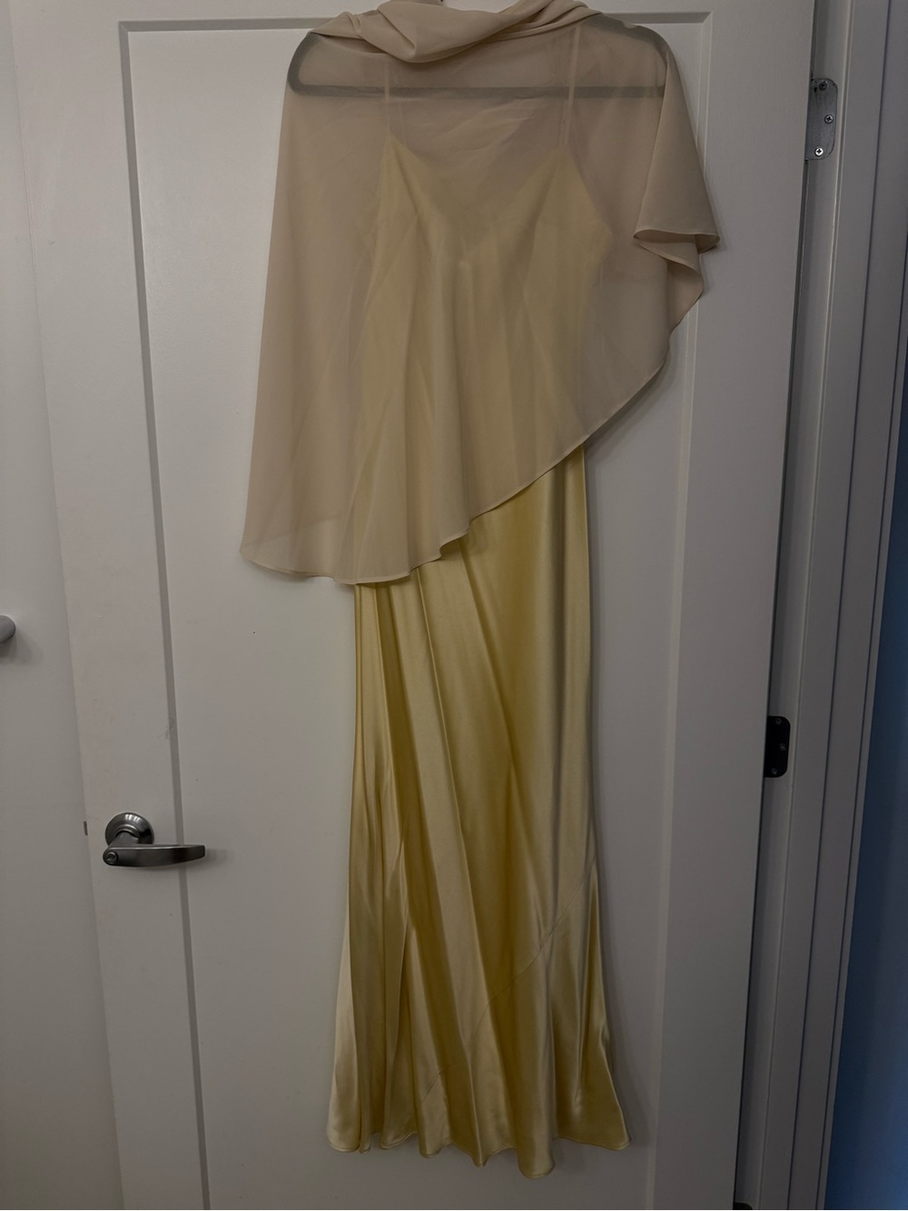 Reformation Pale Yellow Satin Maxi Dress with Sheer Cape